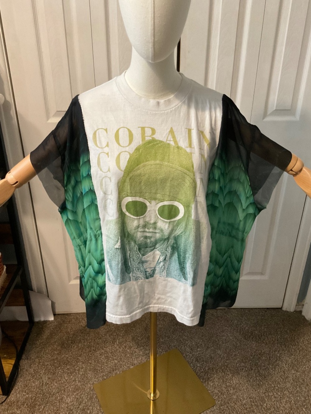 Kurt Cobain Upcycled Graphic T-Shirt with Flowy Printed Sheer Sleeves - OSFM